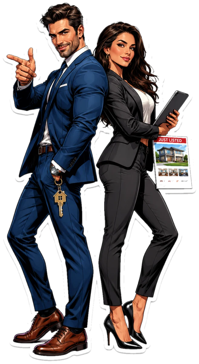 Two confident realtor agents, one pointing, holding a JUST LISTED flyer