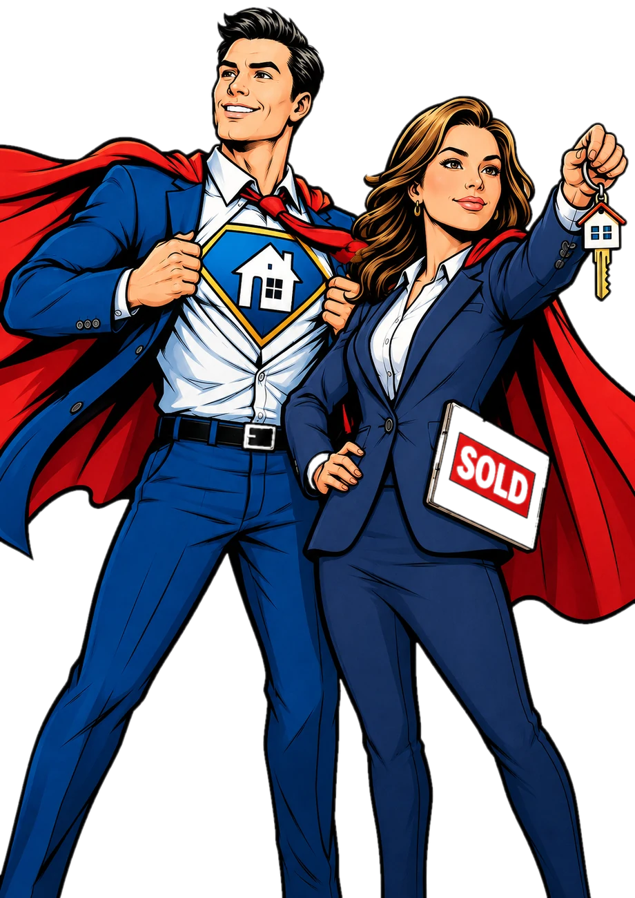 Two realtor super-agents in capes holding a SOLD sign and house keys