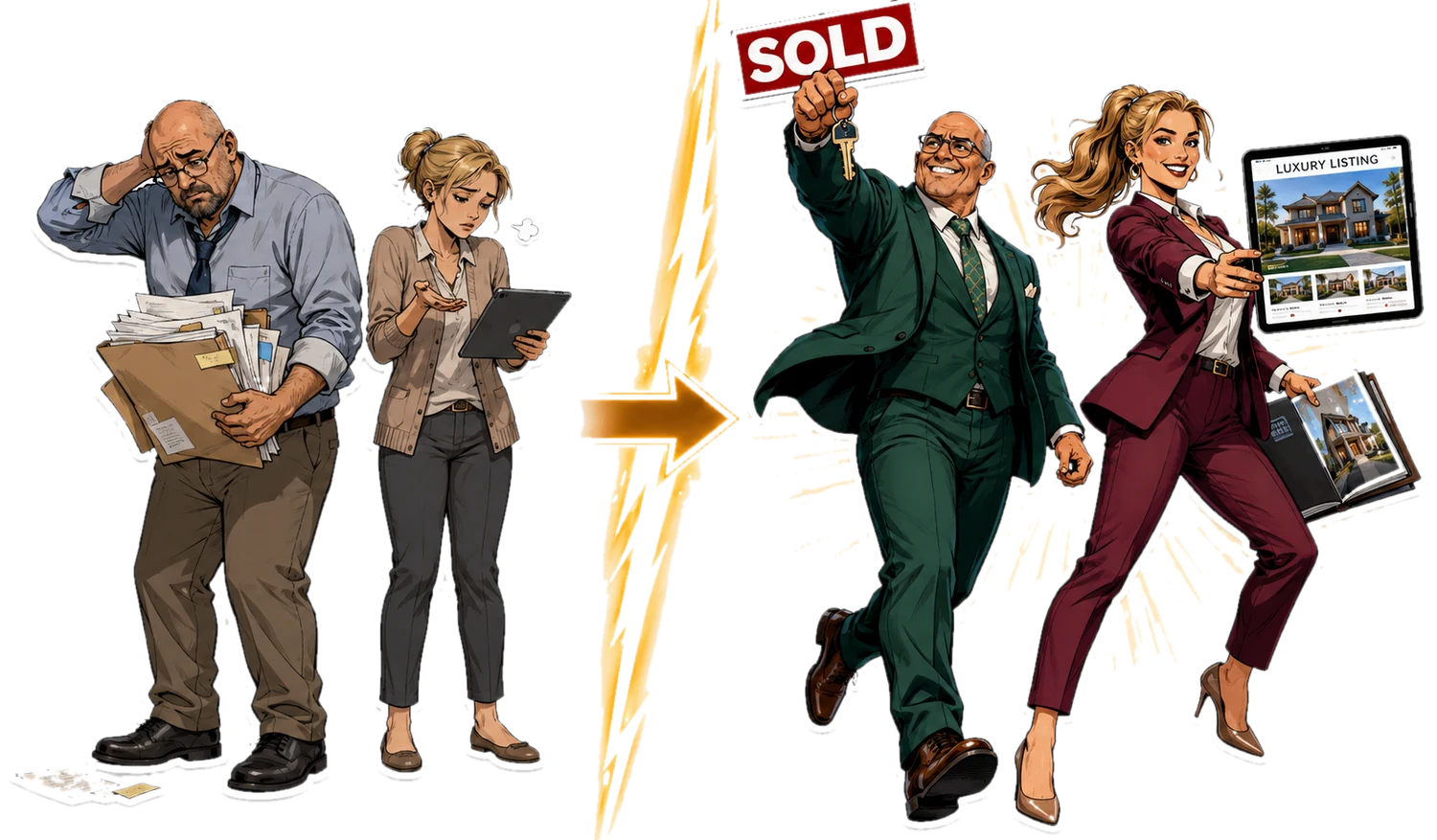 Overwhelmed agents transformed into confident super-agents holding a SOLD sign